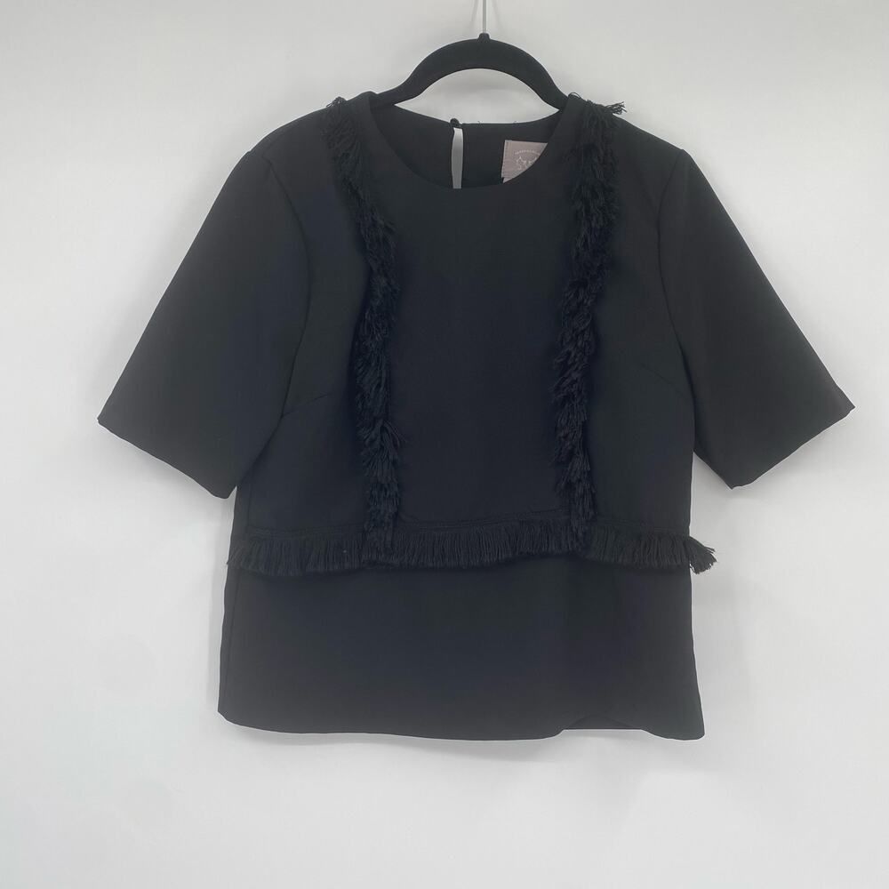 Vanessa Virginia Anthropologie Women's Black Fringe Blouse Size XS X-Small - Picture 2 of 8